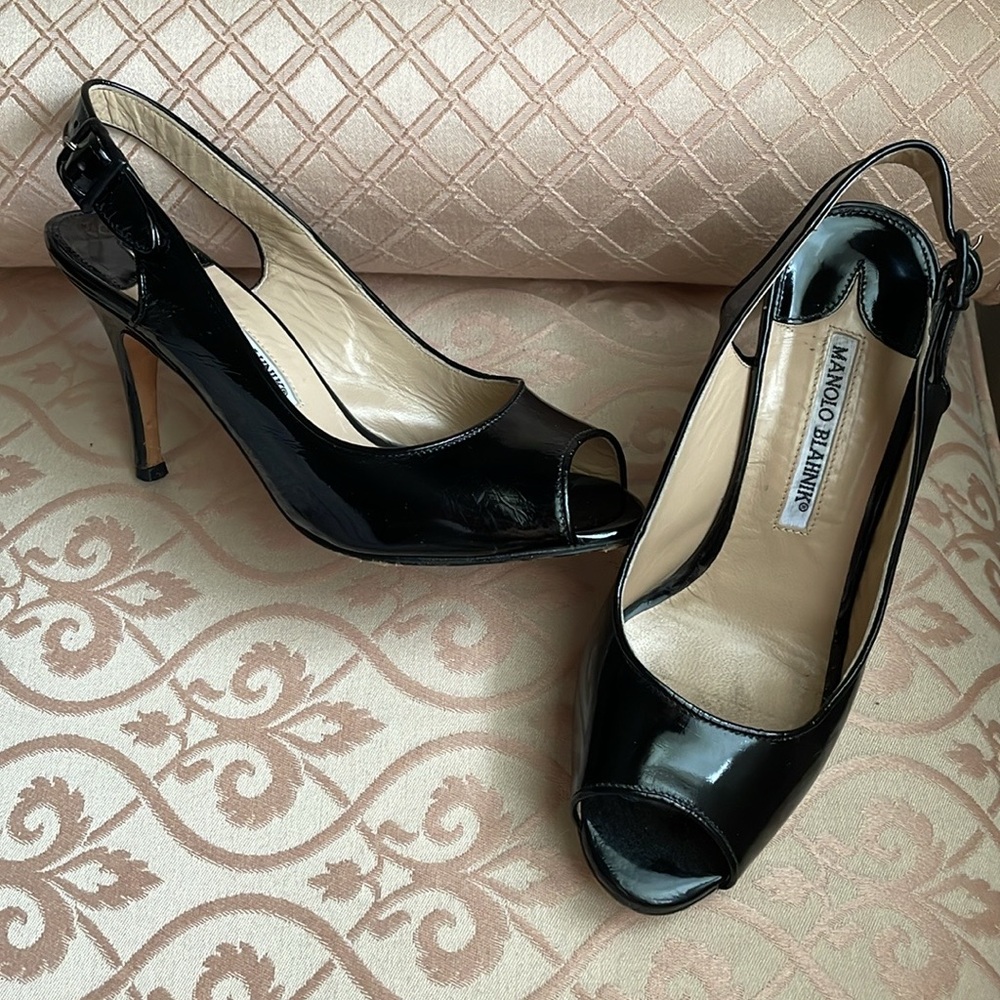 Manolo Blahnik patent leather peep toe sling back